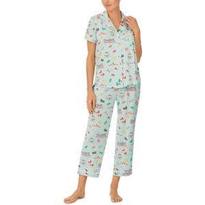 kate spade new york Pajamas for Women 2 Piece Set – Recycled Poly Jersey Notch Collar Short Sleeve Button Top & Cropped Pants(Board Walk)