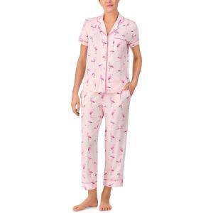kate spade new york Pajamas for Women 2 Piece Set – Recycled Poly Jersey Notch Collar Short Sleeve Button Top & Cropped Pants(Bold Flamingos)
