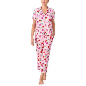kate spade new york Pajamas for Women 2 Piece Set – Recycled Poly Jersey Notch Collar Short Sleeve Button Top & Cropped Pants(Painterly Cherries)