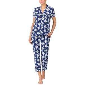 kate spade new york Pajamas for Women 2 Piece Set – Recycled Poly Jersey Notch Collar Short Sleeve Button Top & Cropped Pants(Palm Trees)