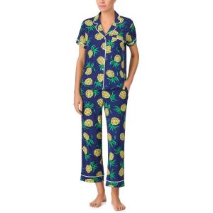 kate spade new york Pajamas for Women 2 Piece Set – Recycled Poly Jersey Notch Collar Short Sleeve Button Top & Cropped Pants(Pineapple Toss)