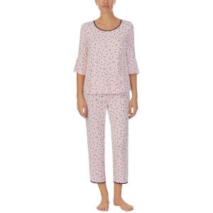 kate spade new york Pajamas for Women 2 Piece Set – Recycled Poly Jersey Notch Collar Short Sleeve Button Top & Cropped Pants(Scattered Pink Dot)