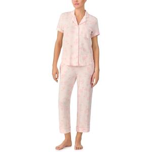 kate spade new york Pajamas for Women 2 Piece Set – Recycled Poly Jersey Notch Collar Short Sleeve Button Top & Cropped Pants(Spring Pansies Tonal)