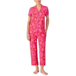 kate spade new york Pajamas for Women 2 Piece Set – Recycled Poly Jersey Notch Collar Short Sleeve Button Top & Cropped Pants(Tropical Blossoms)