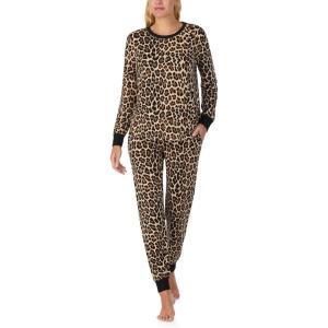 kate spade new york Women’s 2-Piece Long Sleeve Crew Neck Top & Jogger Pants Pajama Lounge Set, Velour, Drawstring Waist(Classic Leopard)