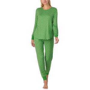 kate spade new york Women’s 2-Piece Long Sleeve Crew Neck Top & Jogger Pants Pajama Lounge Set, Velour, Drawstring Waist(Green Lady Dot)