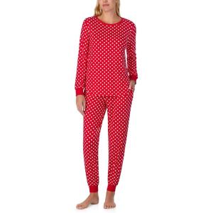kate spade new york Women’s 2-Piece Long Sleeve Crew Neck Top & Jogger Pants Pajama Lounge Set, Velour, Drawstring Waist(Red Lady Dot)