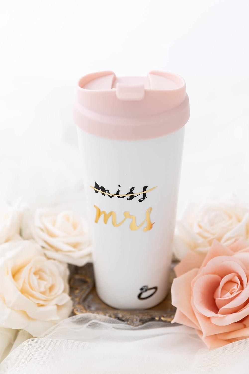imagekate spade new york Bridal 16 Ounce Insulated Travel Mug Double Wall Thermal Tumbler for CoffeeTea Miss to Mrs Pink