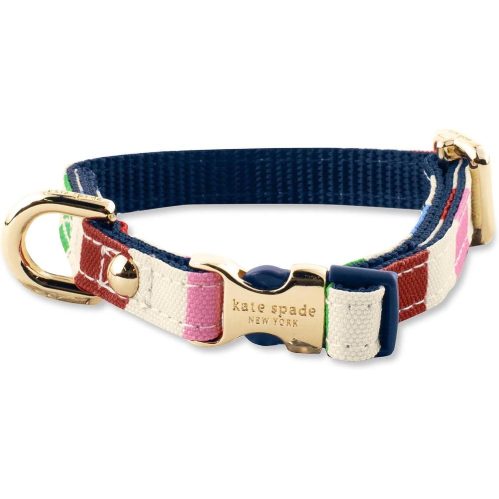 imageKate Spade New York Cute Dog Collar with Gold Metal Buckle 8quot to 105quot Adjustable Collar for Female or Male Extra Small Dogs Navy GinghamAdventure Stripe