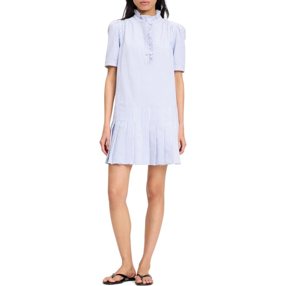imageKate Spade New York Womens Seersucker Pleated Shirt DressDiamond BlueFresh White