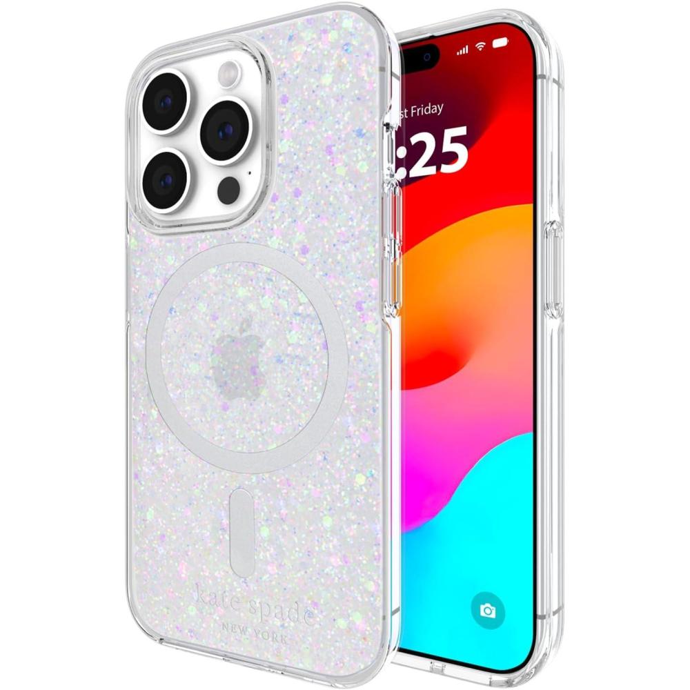 imageKate Spade New York iPhone 15 Pro Case Compatible with MagSafe Wavy IridescentChunky Glitter Iridescent