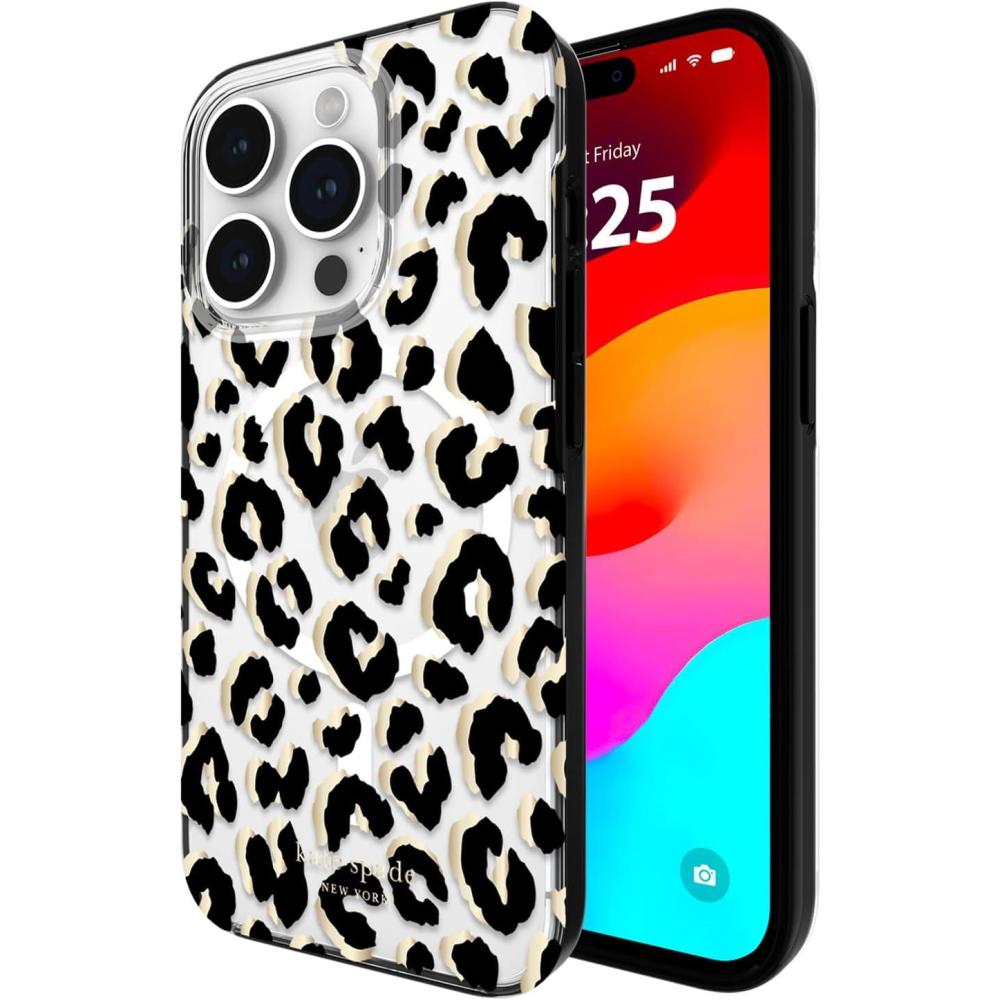 imageKate Spade New York iPhone 15 Pro Case Compatible with MagSafe Wavy IridescentCity Leopard Black