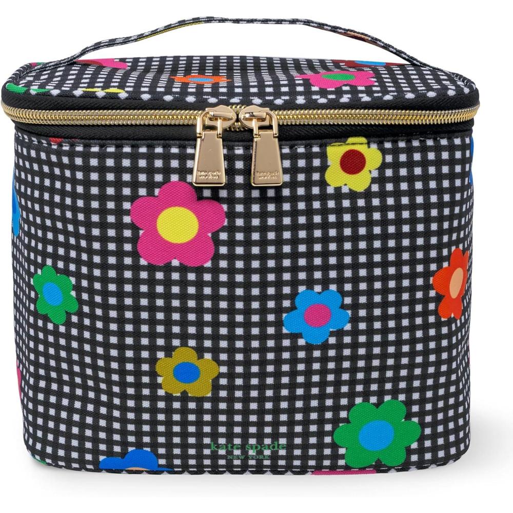 imagekate spade new york Insulated Lunch Tote Small Lunch Cooler Cute Lunch Bag for Women Striped Thermal Bag with Double Zipper Close and Carrying Handle Sunshine FloralGingham Garden