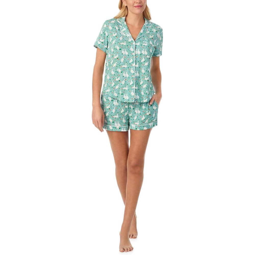 imagekate spade new york Pajamas for Women 2 Piece Set Comfy Modal Classic Short Sleeve Notch Collar Button Top ampamp ShortsGreen Ducks