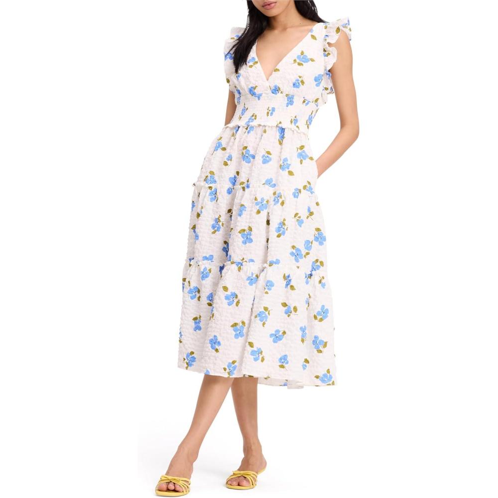 imagekate spade new york Womens Painterly Bouquet Flutter Sleeve Tiered Midi DressDiamond BlueFresh White