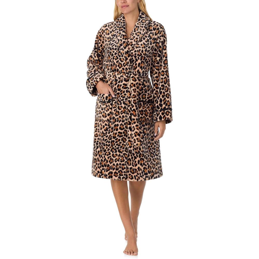 imagekate spade new york Womens Shawl Collar Plush Robe Chenille Plush Belt Tie Closure Long Sleeves 42quot Length Soft ampamp CozyClassic Leopard