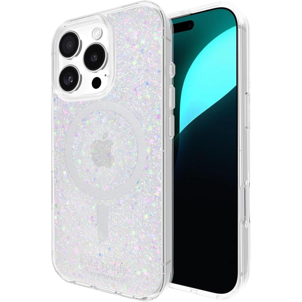 imagekate spade new york iPhone 16 Pro Case Compatible with MagSafe Designer Phone Case Flowerbed Blue GemsChunky Glitter Iridescent