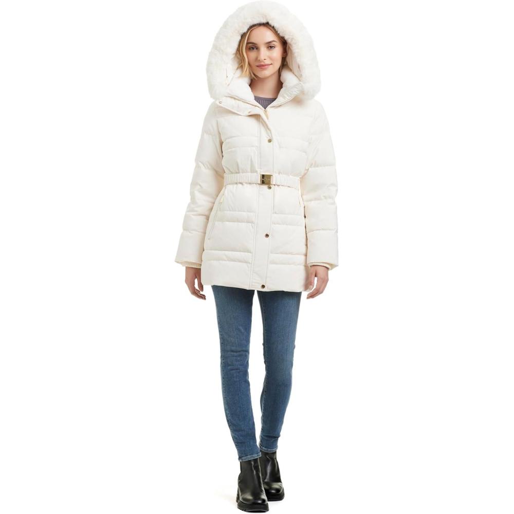imagekate spade new york womens Belted Short Down Puffer Jacket With Removable Faux Fur TrimCream