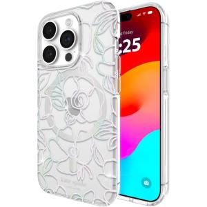 Kate Spade New York iPhone 15 Pro Case, Compatible with MagSafe – Wavy Iridescent(Modern Floral Silver)