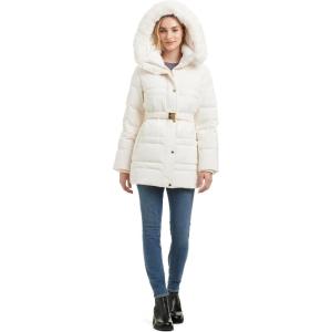 kate spade new york womens Belted Short Down Puffer Jacket With Removable Faux Fur Trim(Cream)