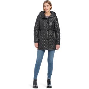 kate spade new york womens Water Resistant Quilted Hooded Jacket With Adjustable Waist(Black)